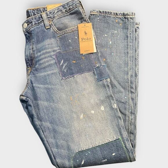 Polo Ralph Lauren Astor Slim Boyfriend Paint Splash Girls Blue Jeans size 16 New - Picture 1 of 12